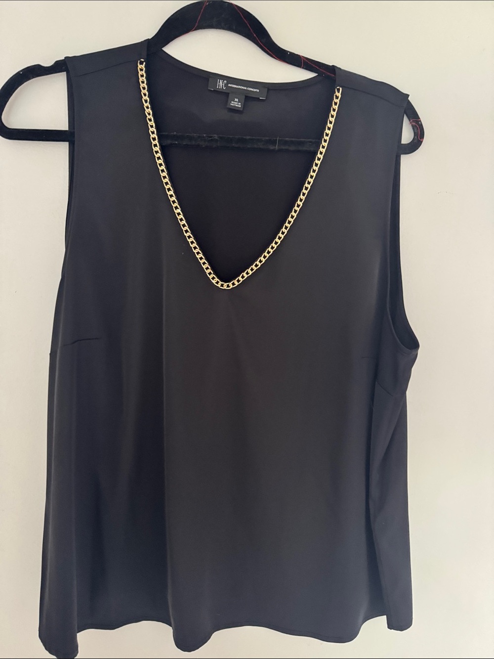 INC International Concepts Black Sleeveless V-Neck Top with Gold Chain Trim